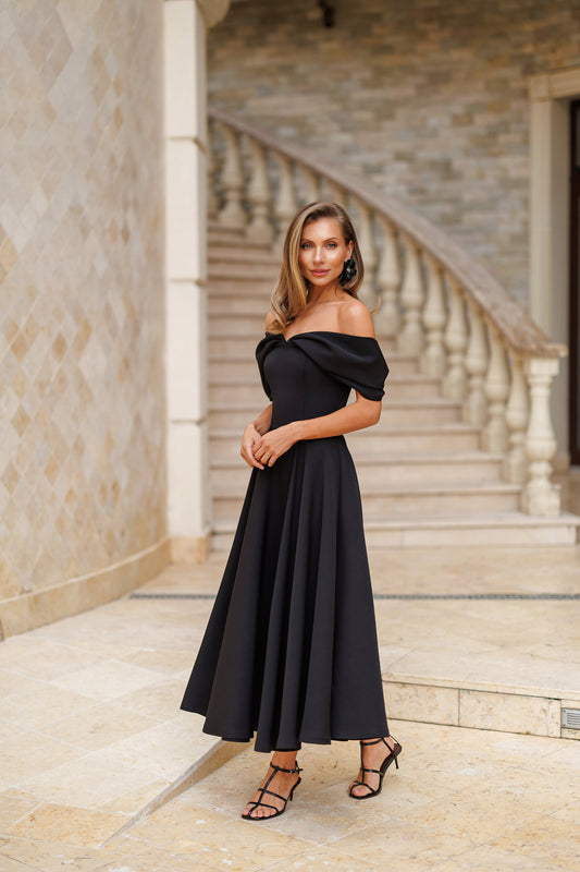 Black Off-The-Shoulder Draped Sleeve Midi Dress