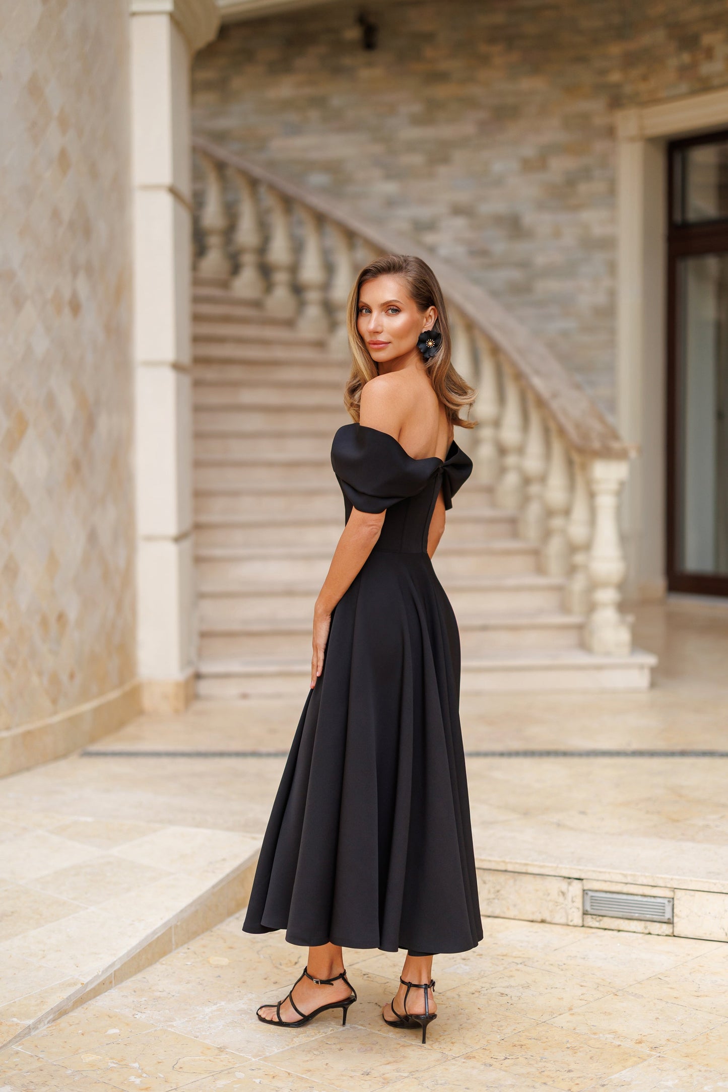 Black Off-The-Shoulder Draped Sleeve Midi Dress