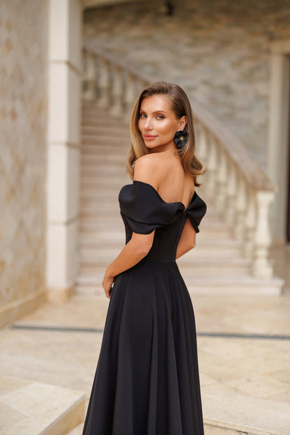 Black Off-The-Shoulder Draped Sleeve Midi Dress