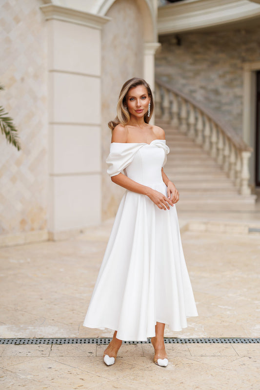 White Off-The-Shoulder Draped Sleeve Midi Dress
