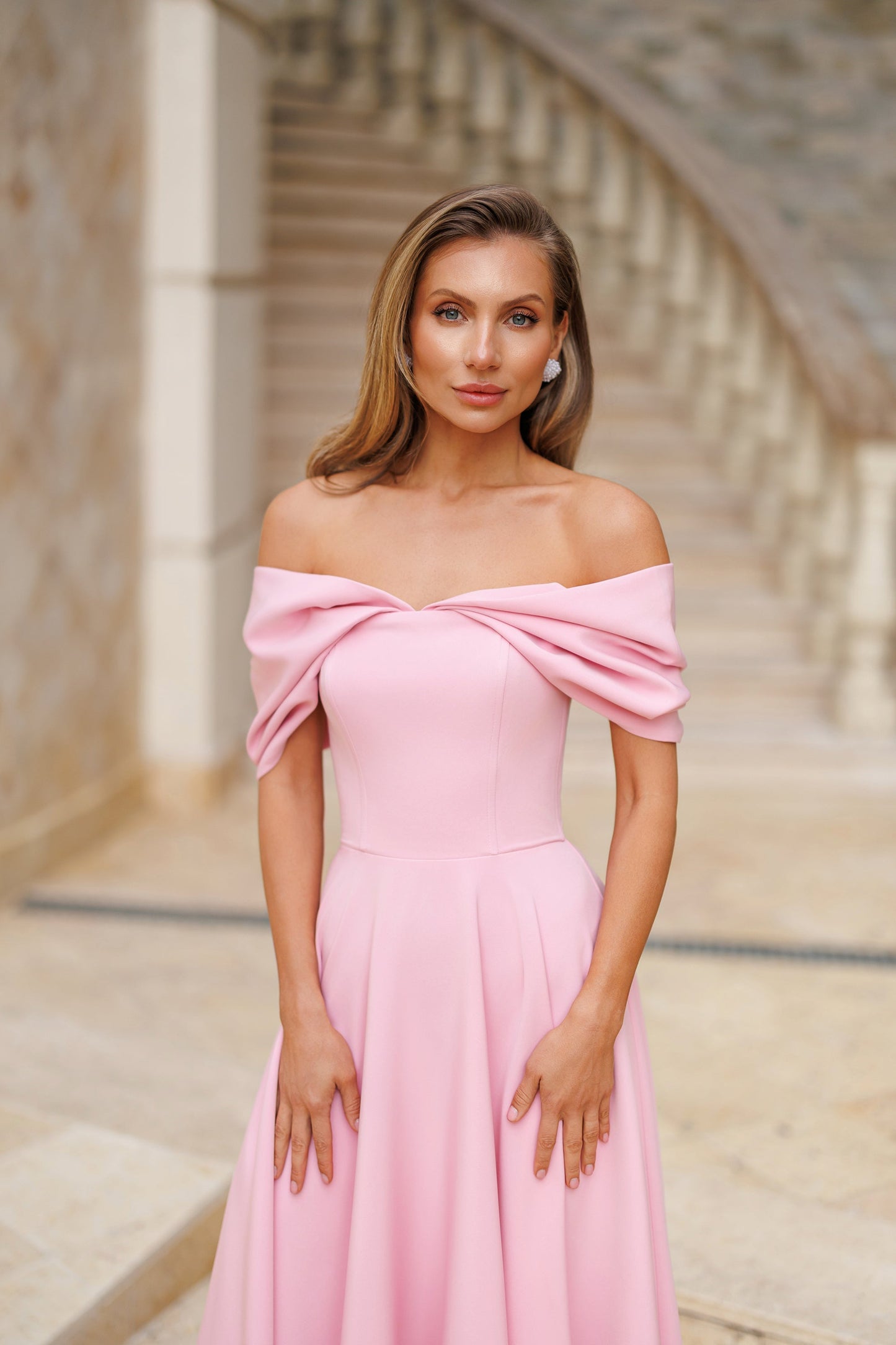 Pink Off-The-Shoulder Draped Sleeve Midi Dress