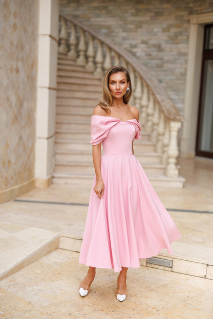 Pink Off-The-Shoulder Draped Sleeve Midi Dress
