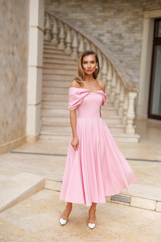 Pink Off-The-Shoulder Draped Sleeve Midi Dress