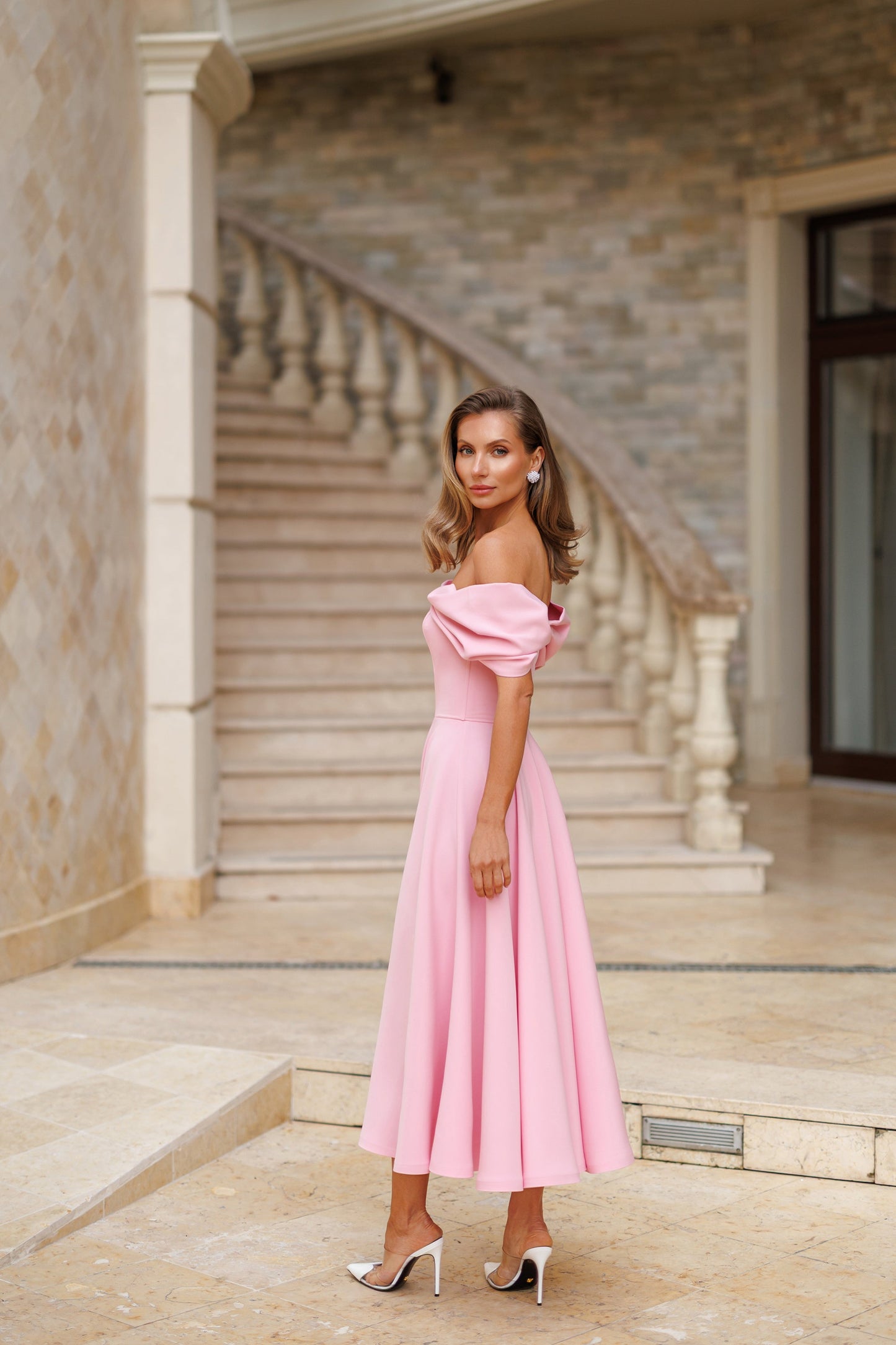 Pink Off-The-Shoulder Draped Sleeve Midi Dress