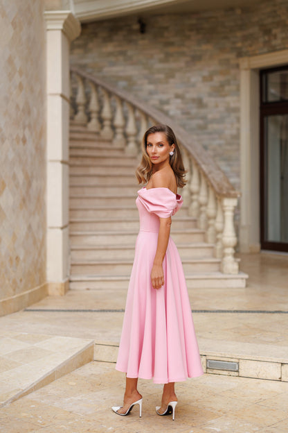 Pink Off-The-Shoulder Draped Sleeve Midi Dress