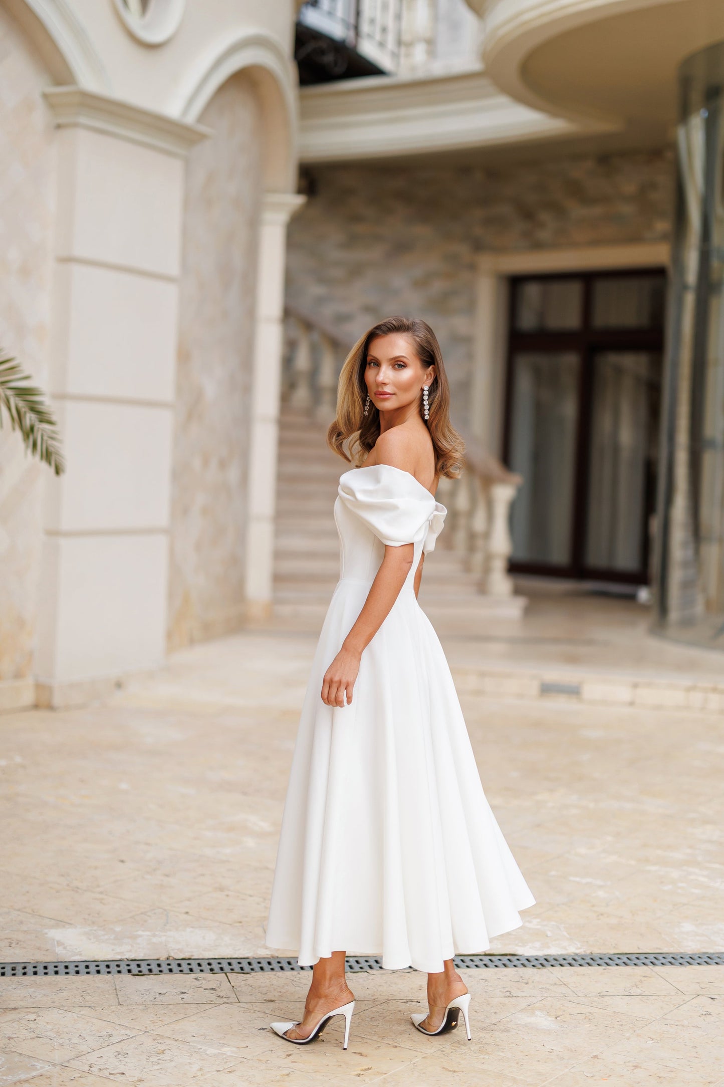 White Off-The-Shoulder Draped Sleeve Midi Dress