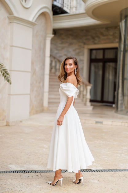 White Off-The-Shoulder Draped Sleeve Midi Dress