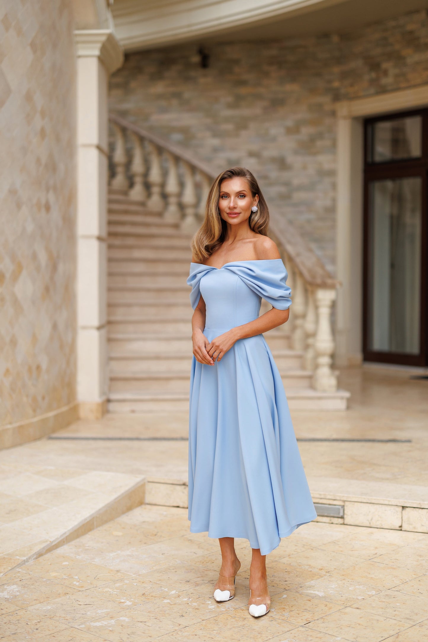 Sky-Blue Off-The-Shoulder Draped Sleeve Midi Dress