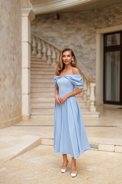 Sky-Blue Off-The-Shoulder Draped Sleeve Midi Dress