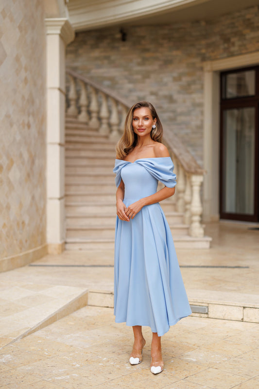Sky-Blue Off-The-Shoulder Draped Sleeve Midi Dress