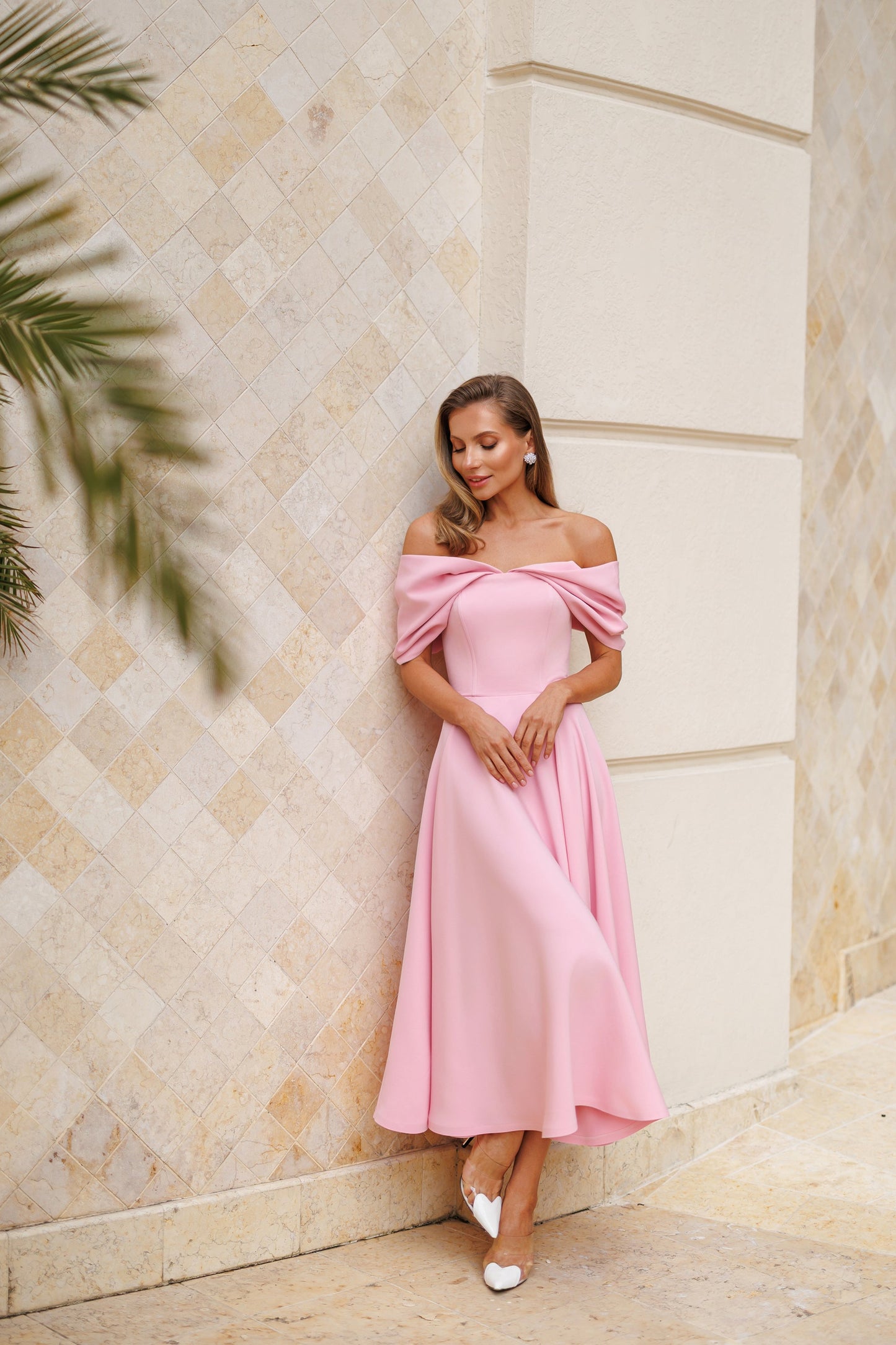 Pink Off-The-Shoulder Draped Sleeve Midi Dress