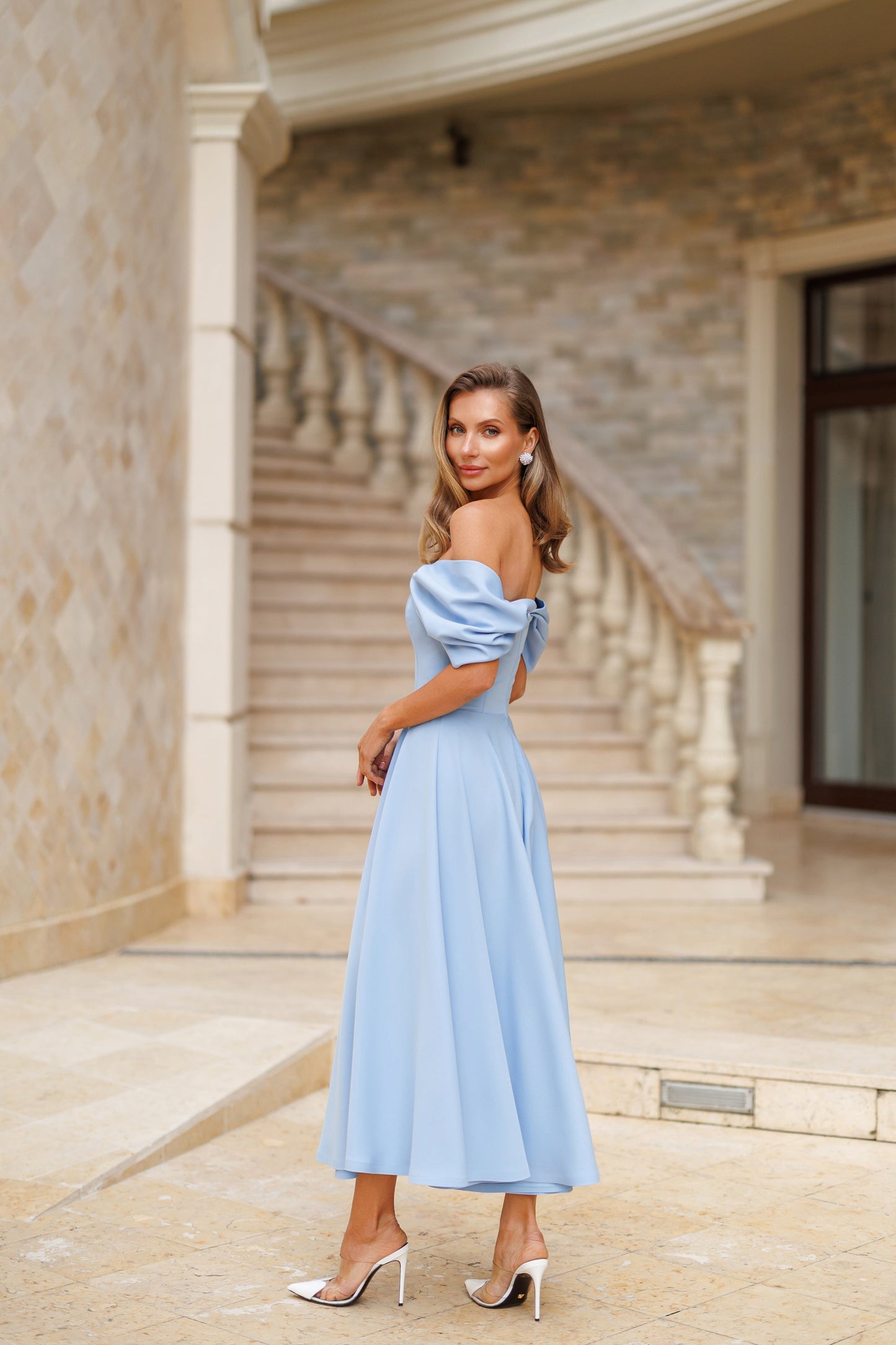 Sky-Blue Off-The-Shoulder Draped Sleeve Midi Dress