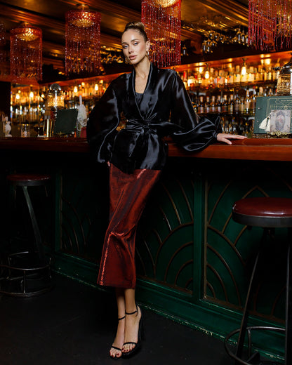 Black Shawl Collar Puff-Sleeve Belted Tunic Blouse