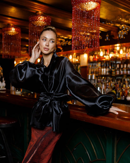 Black Shawl Collar Puff-Sleeve Belted Tunic Blouse