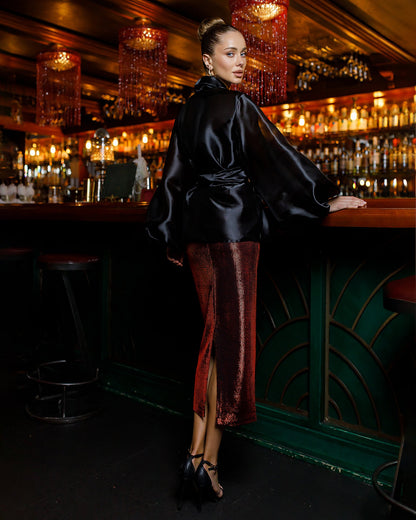 Black Shawl Collar Puff-Sleeve Belted Tunic Blouse