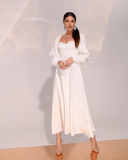 Ivory Puff-Sleeve Midi Dress