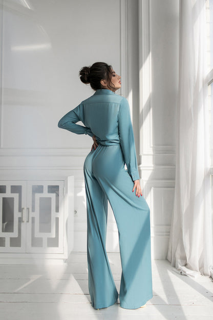 Tiffany-Blue Shirt & High Waist Pants 2-Piece Set