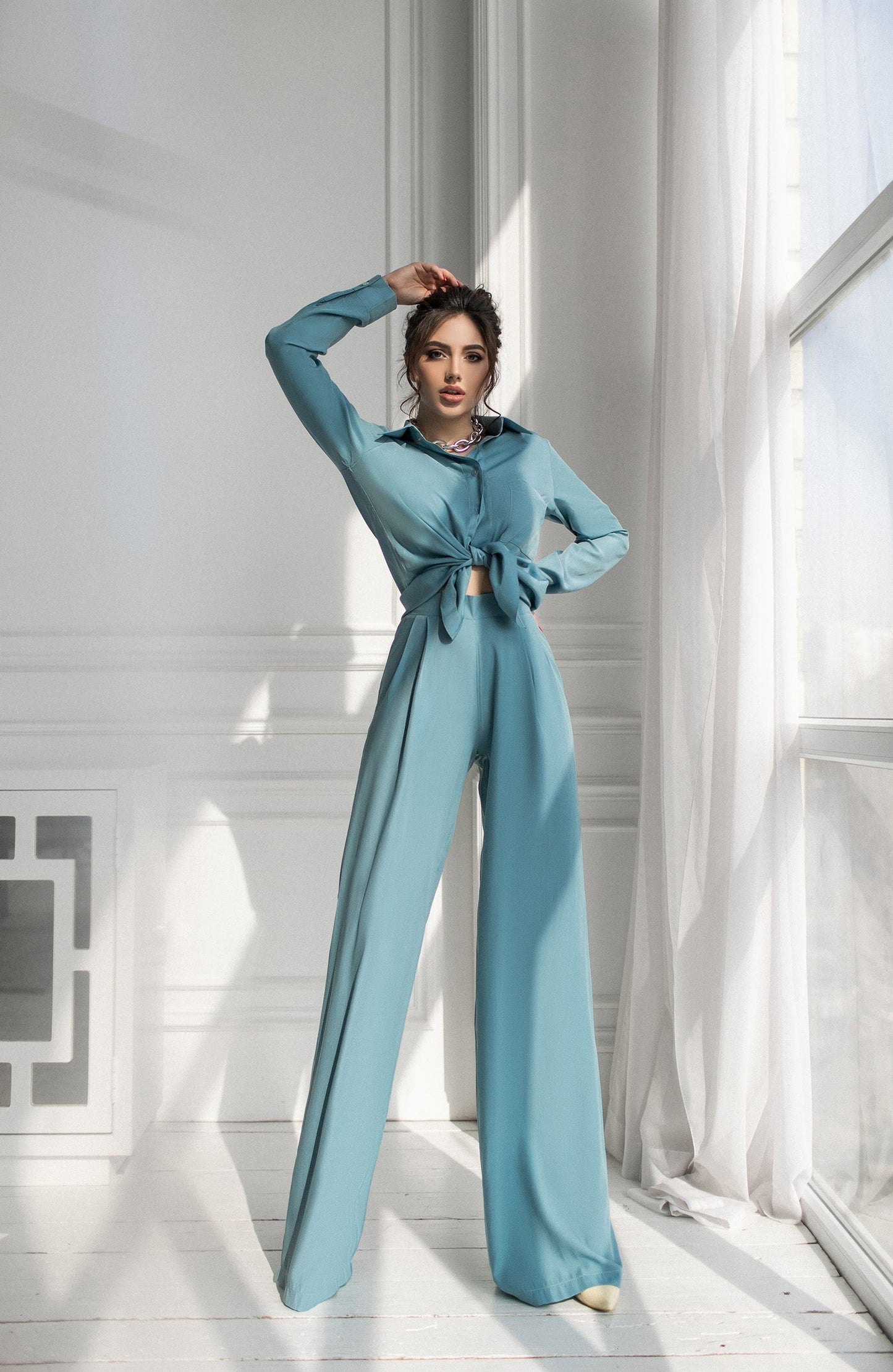 Tiffany-Blue Shirt & High Waist Pants 2-Piece Set