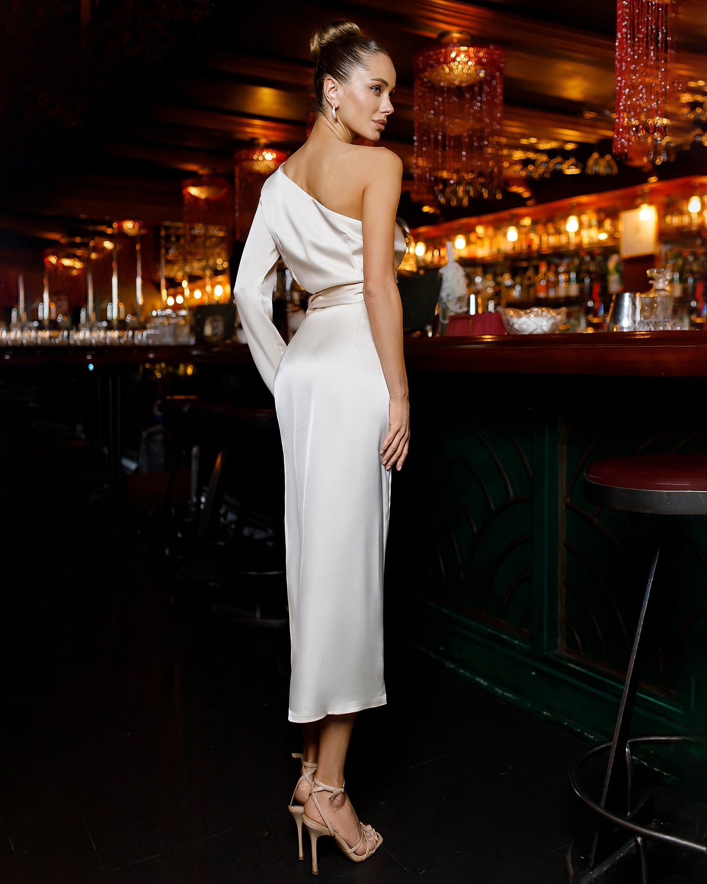 Light Beige Satin One-Shoulder Cut-Out Midi Dress