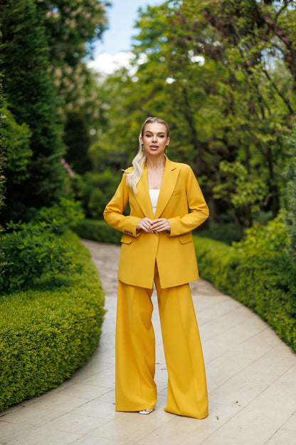 Selene Mustard Single-Breasted Wide-Leg Suit 2-Piece