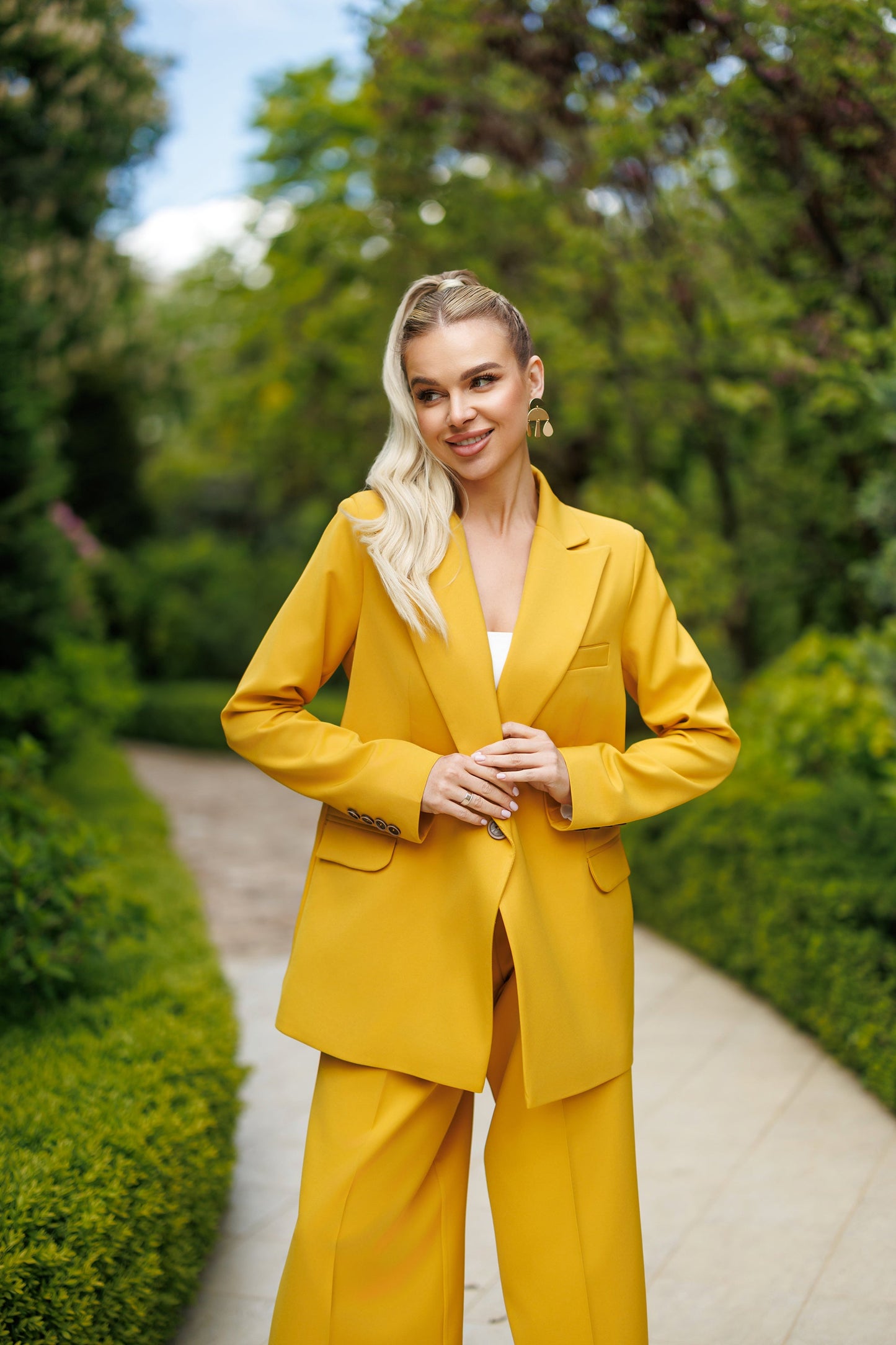 Selene Mustard Single-Breasted Wide-Leg Suit 2-Piece