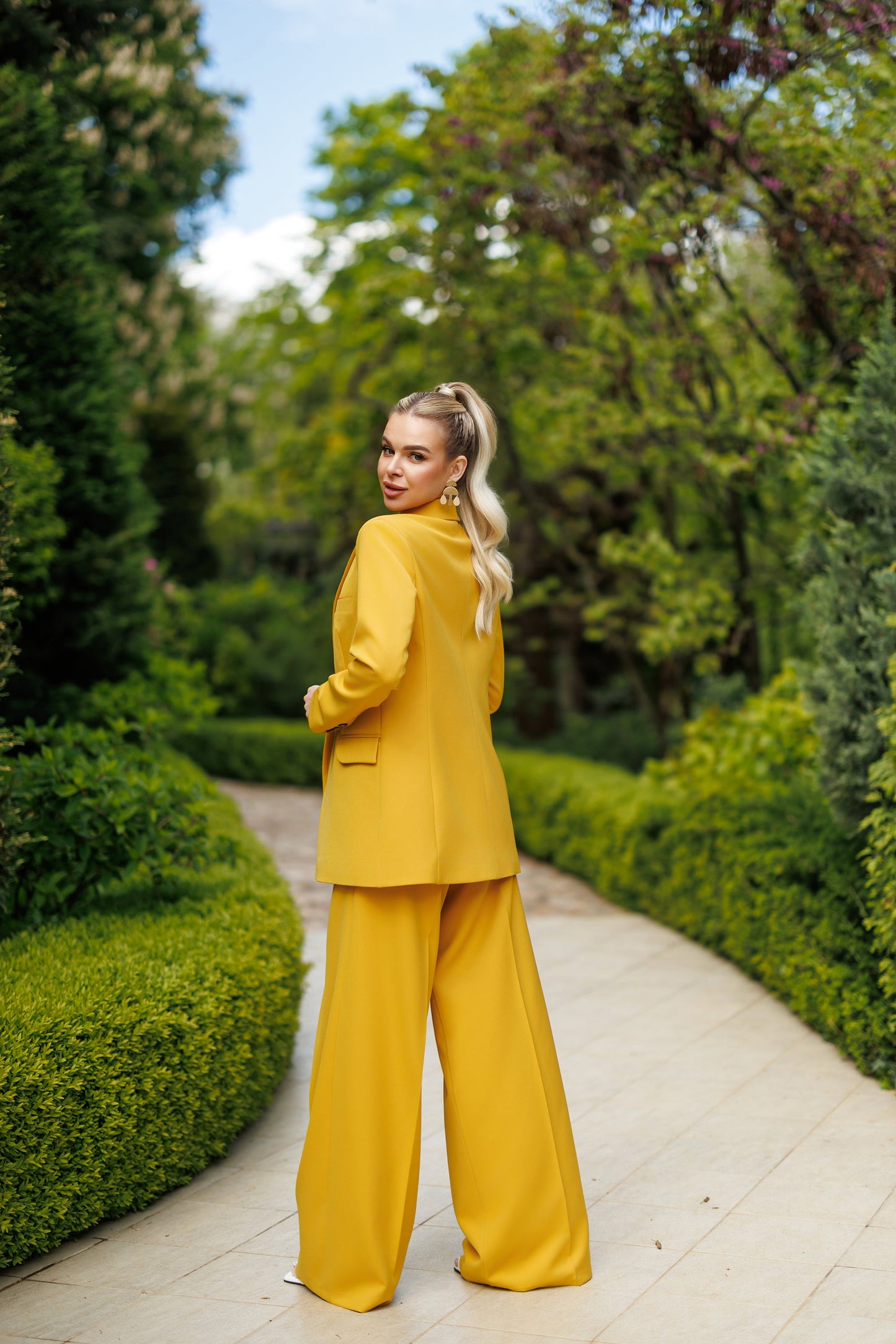 Selene Mustard Single-Breasted Wide-Leg Suit 2-Piece