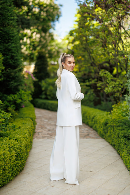 Selene White Single-Breasted Wide-Leg Suit 2-Piece