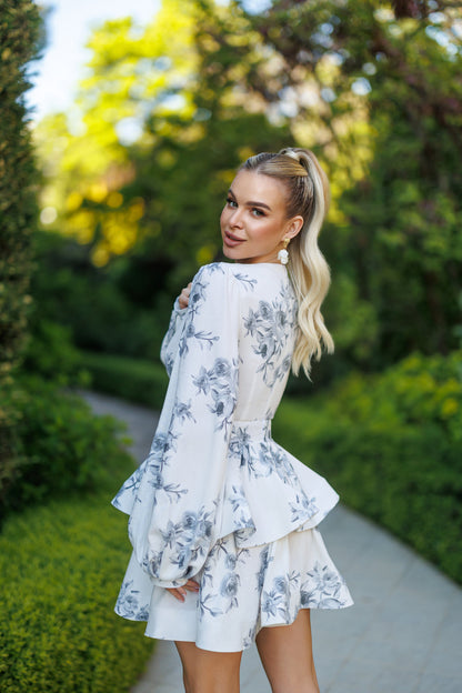 Black Floral-Print V-Neck Puff Sleeve Mini Dress
