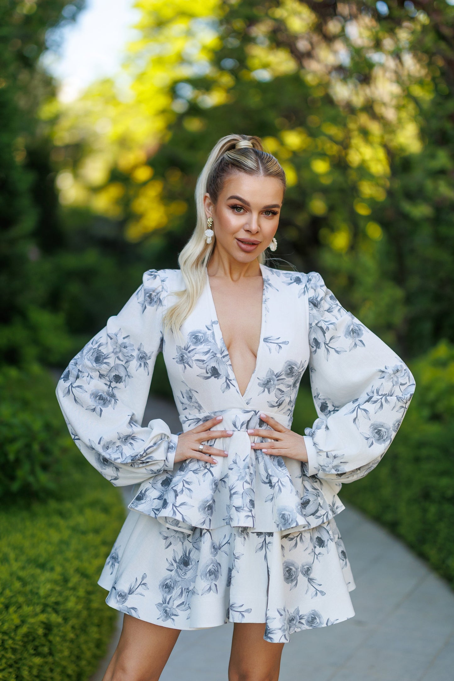 Black Floral-Print V-Neck Puff Sleeve Mini Dress