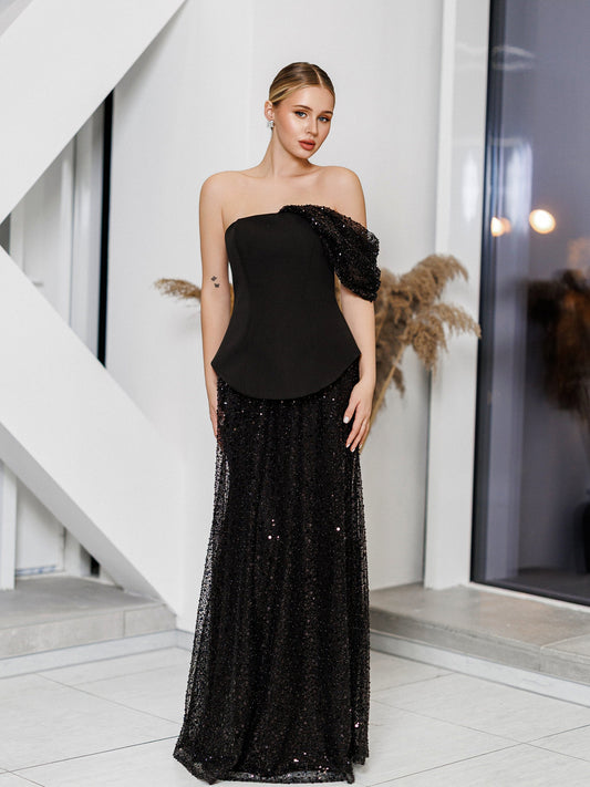 Julie Black Sequin Off-Shoulder Maxi Dress
