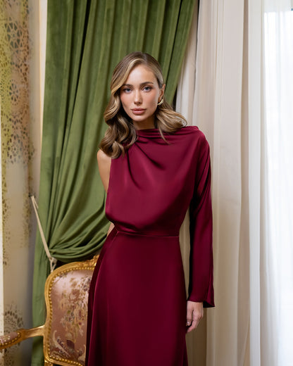 Bordeaux Satin Draped Neck One-Shoulder Maxi Dress