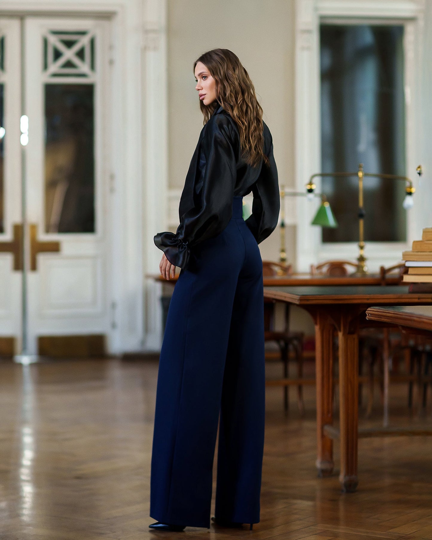 Black Sheer Organza Bow-Neck Puff Sleeve Blouse