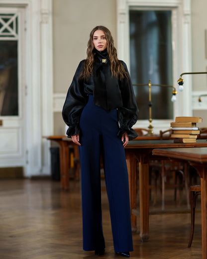 Black Sheer Organza Bow-Neck Puff Sleeve Blouse