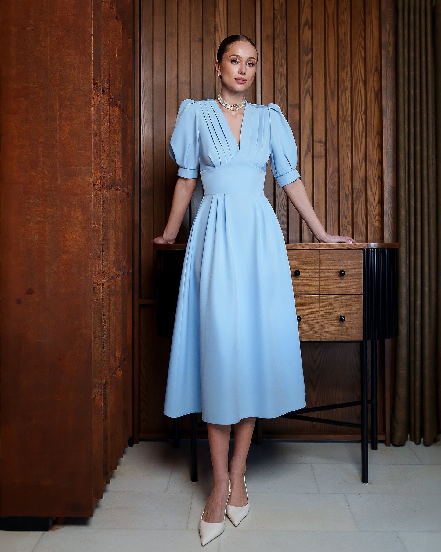 Sky-Blue V-Neck Puff-Sleeve Midi Dress
