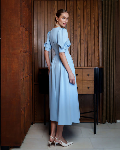 Sky-Blue V-Neck Puff-Sleeve Midi Dress