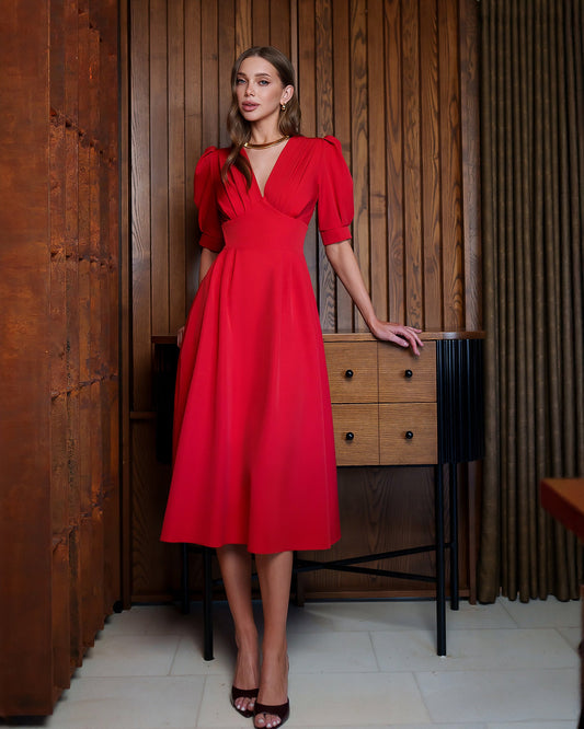 Red V-Neck Puff-Sleeve Midi Dress