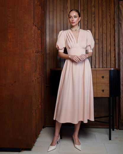 Beige V-Neck Puff-Sleeve Midi Dress