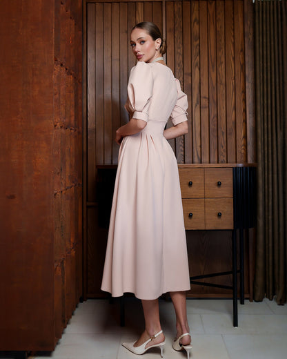 Beige V-Neck Puff-Sleeve Midi Dress