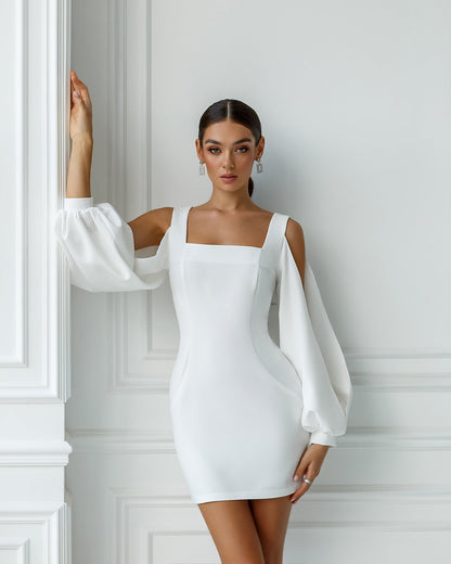 White Square Neck Сut-Out Sleeve Mini Dress