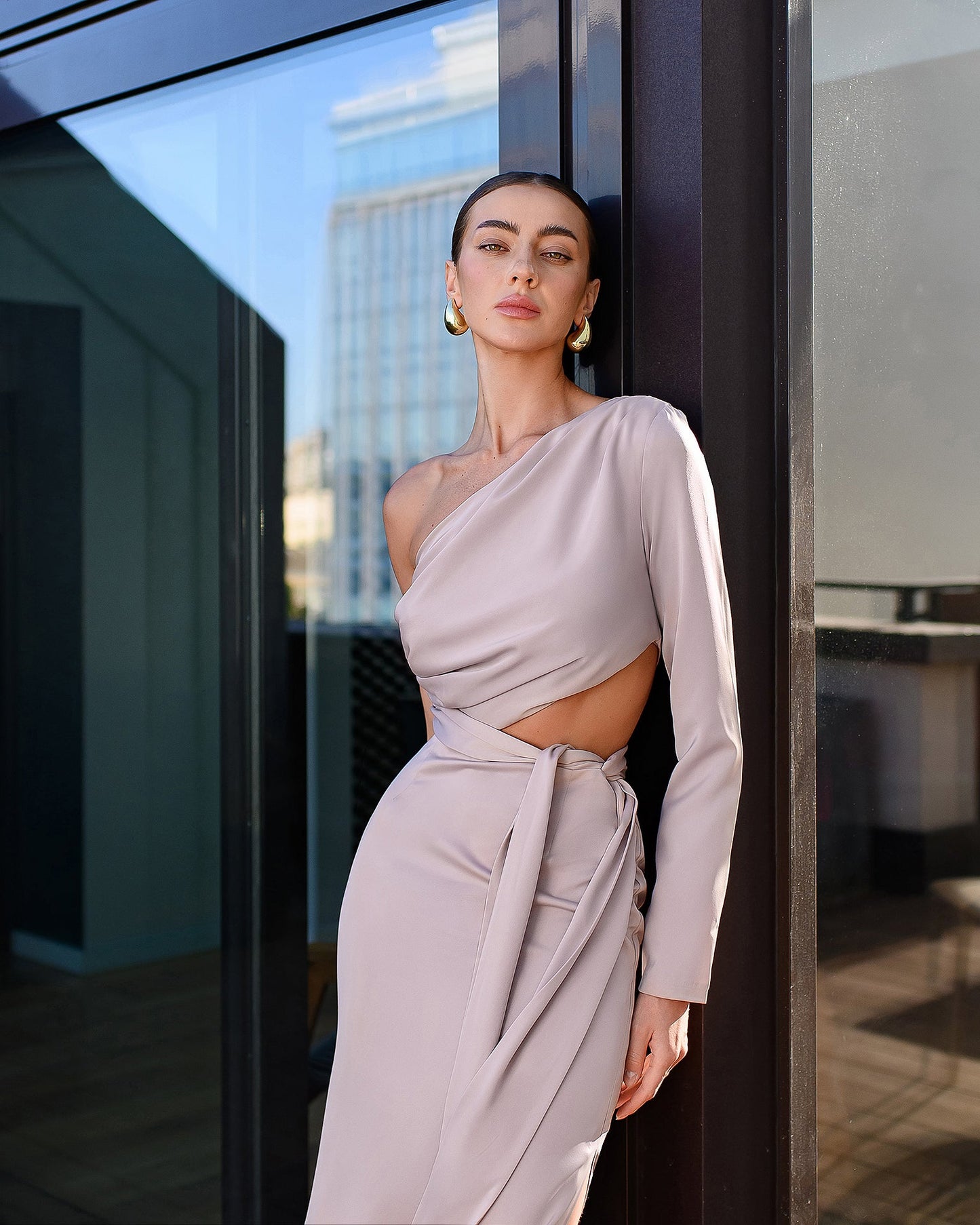 Beige Satin One-Shoulder Cut-Out Midi Dress