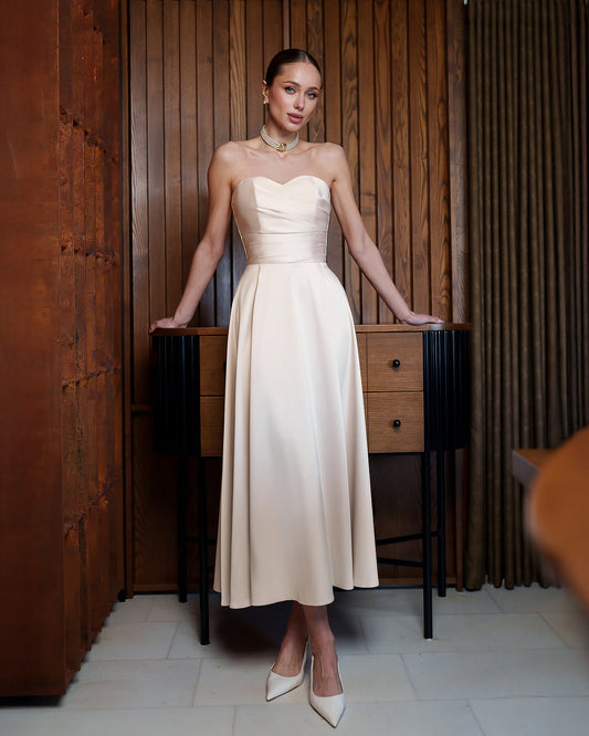 Nova Beige Satin Strapless Sweetheart Midi Dress