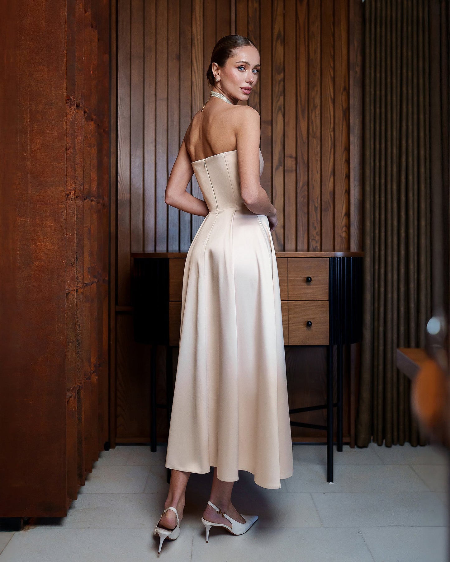 Nova Beige Satin Strapless Sweetheart Midi Dress