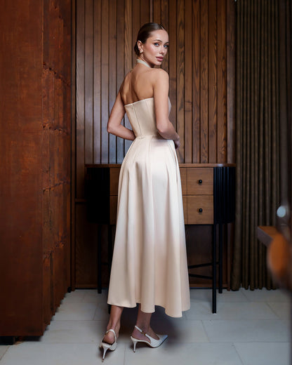 Nova Beige Satin Strapless Sweetheart Midi Dress