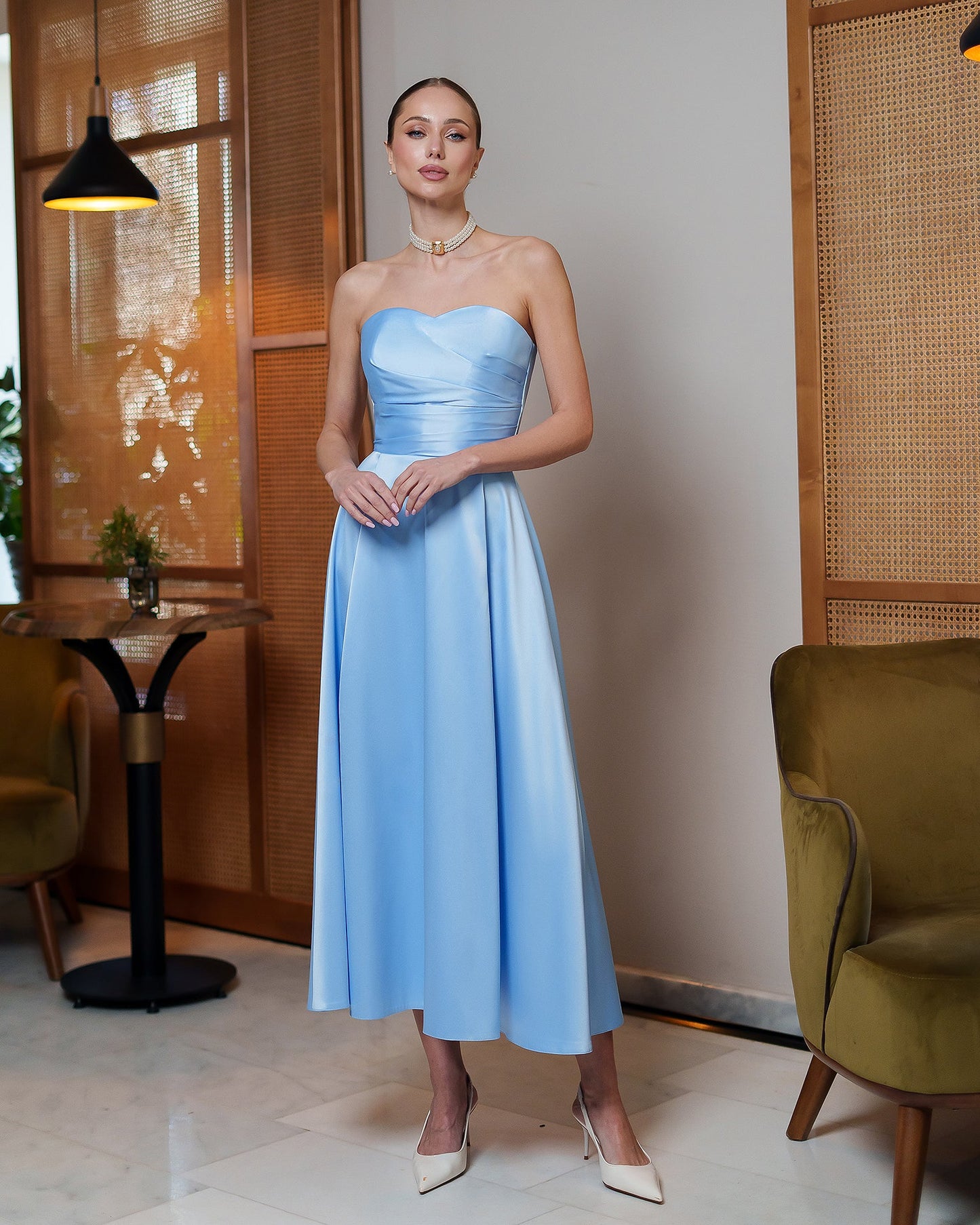 Nova Sky-Blue Satin Strapless Sweetheart Midi Dress