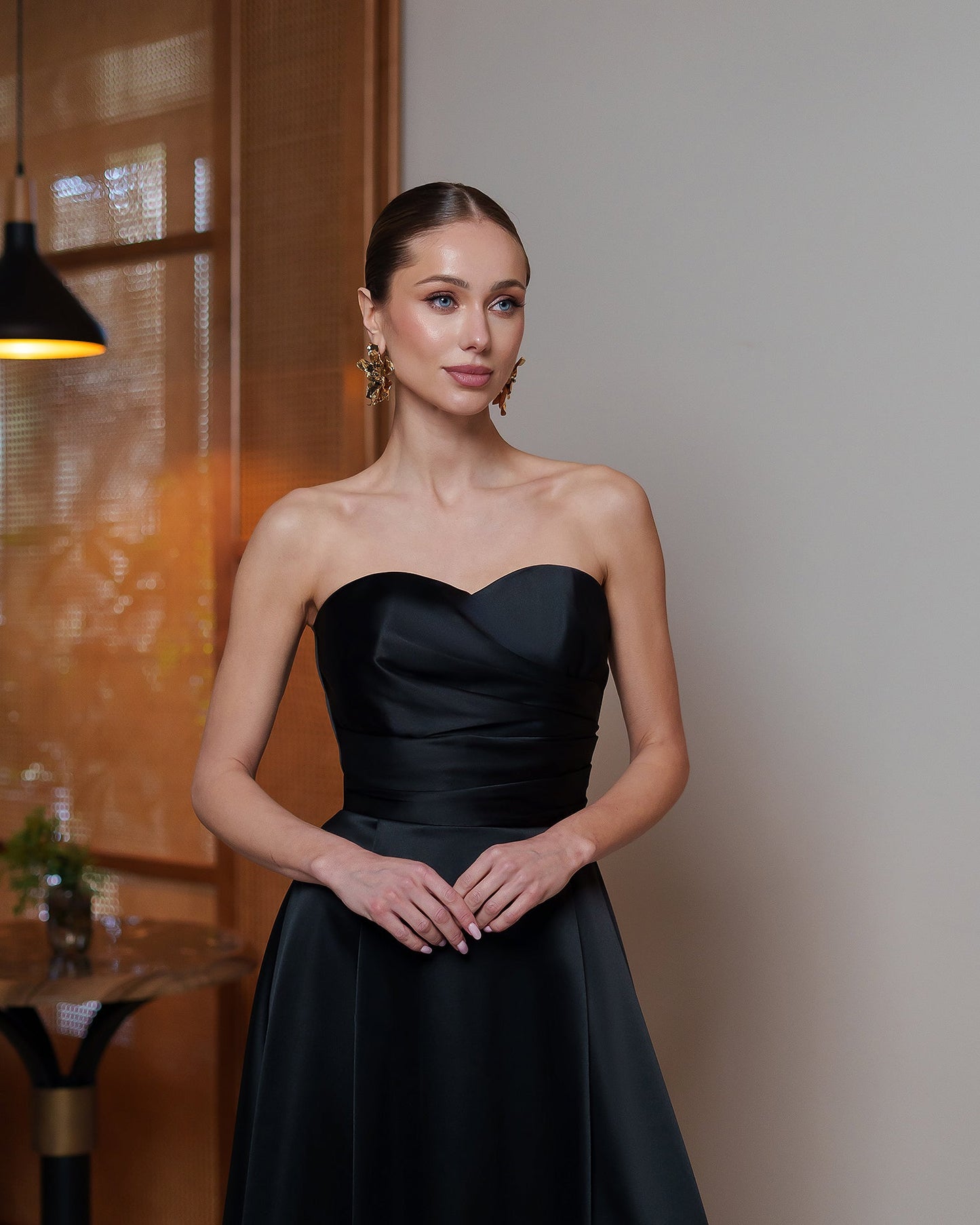 Nova Black Satin Strapless Sweetheart Midi Dress
