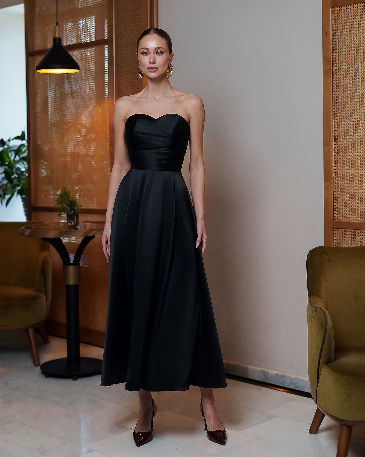 Nova Black Satin Strapless Sweetheart Midi Dress