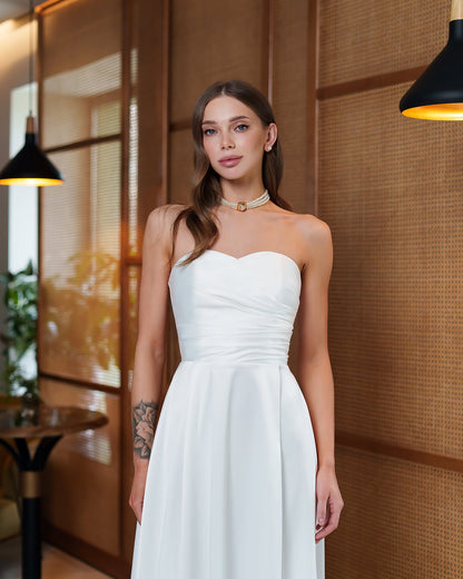 Nova White Satin Strapless Sweetheart Midi Dress