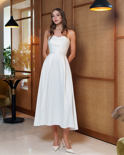 Nova White Satin Strapless Sweetheart Midi Dress