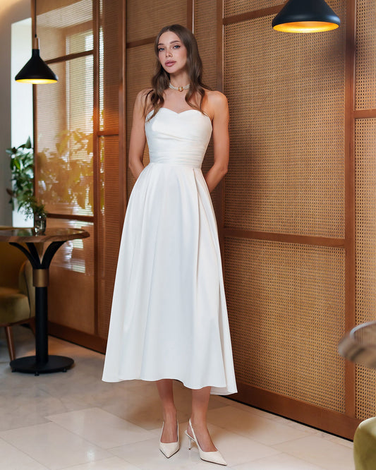 Nova White Satin Strapless Sweetheart Midi Dress