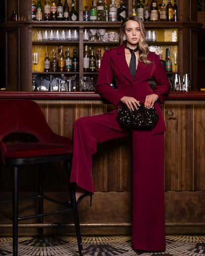 Liora Bordeaux Tailored Peplum-Waist Suit 2-Piece